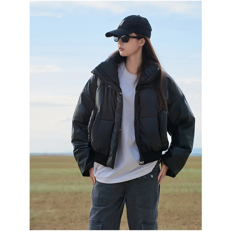 Thickening Down Jacket Women Coat Stand Collar Long Sleeves Fashion American Streetwear Duck Down Feather Female Winter Outwear