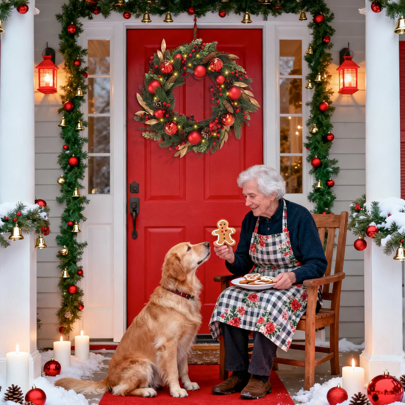 

Battery Operated Christmas Wreath 24 Inch No Cords Needed 50 LED Lights & Shatterproof Berry/Ball Decor, Perfect for Outdoor F
