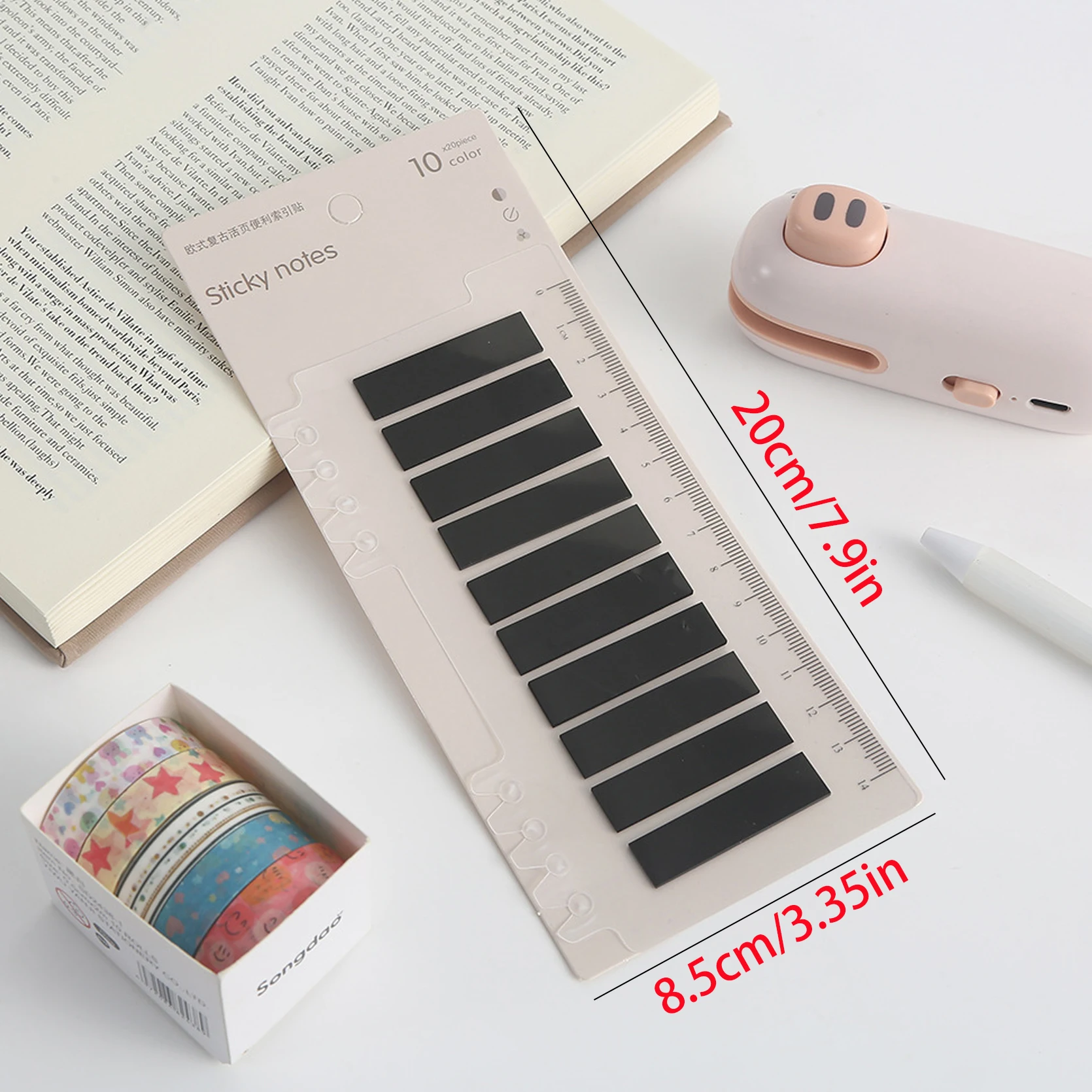 Minimalist PET Index Tabs with Ruler Card, Solid Color Writable Transparent Self-Stick Page Labels for Journal School Office