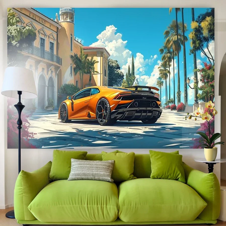 Luxury Car Scene Wall Mural Pop Art Style Living Room Decor Large Canvas Print for Modern Home Interior