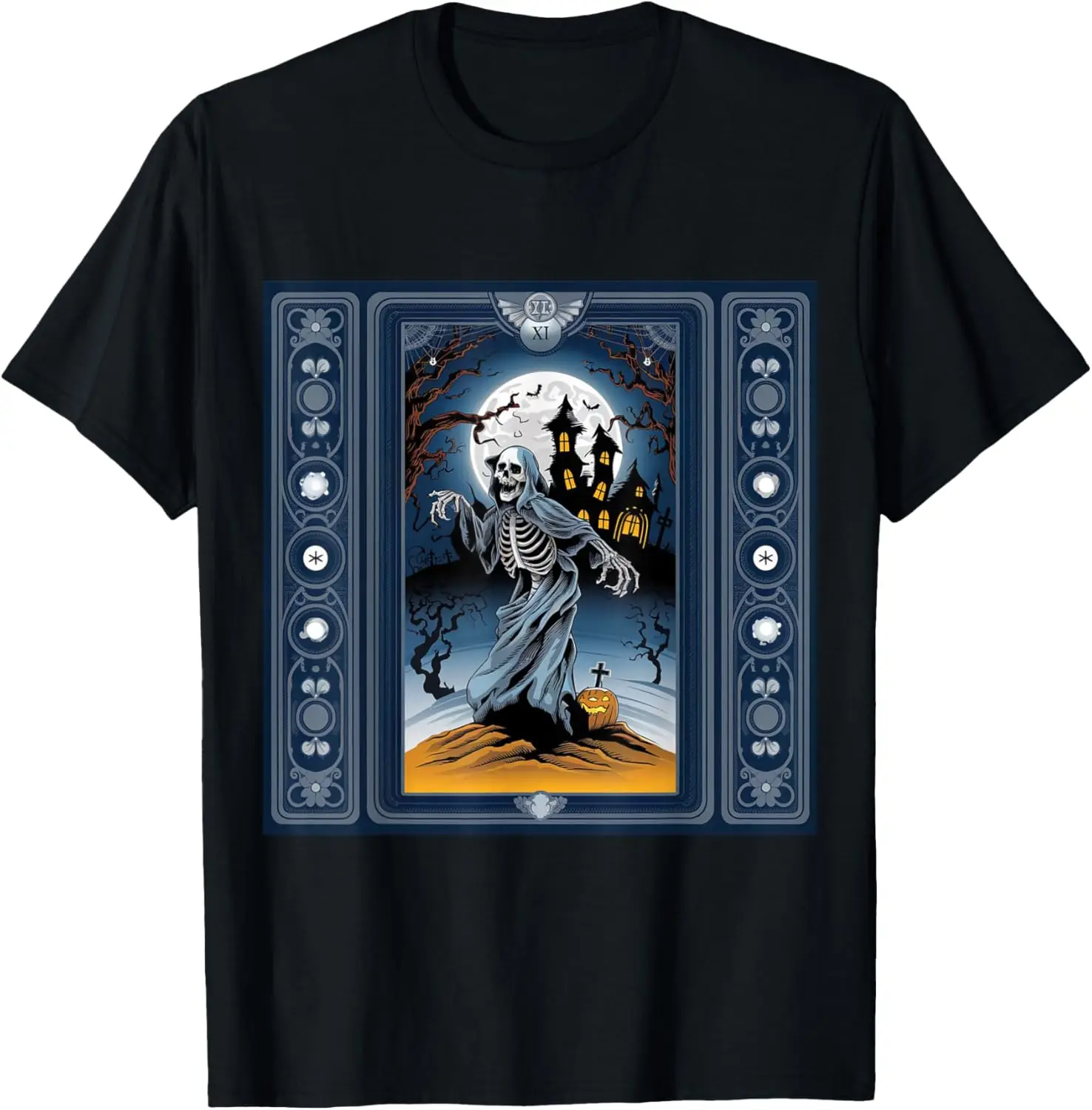 Haunted Skeleton Halloween Moon Spooky Gothic Art T-Shirt