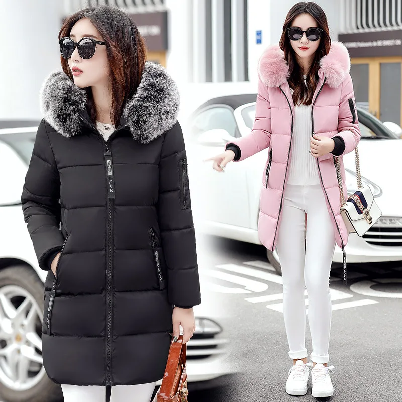 Parkas de plumón para mujer, chaqueta larga con cuello de piel grande, abrigo Delgado grueso, ropa de abrigo de algodón con capucha, moda de