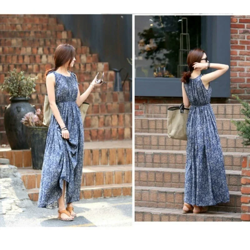 

Summer Women's Sleeveless Floral Dress Vintage Clothing Long Skirt Daily Casual Bohemian for Women Bodycon New Fashion Dresses