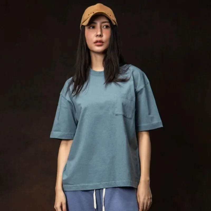 American Falling Wide Shoulder Loose T-shirt Men 265G Heavy 100% Cotton Tops Unisex Bucket Woven Chest Pocket Casual T-shirt