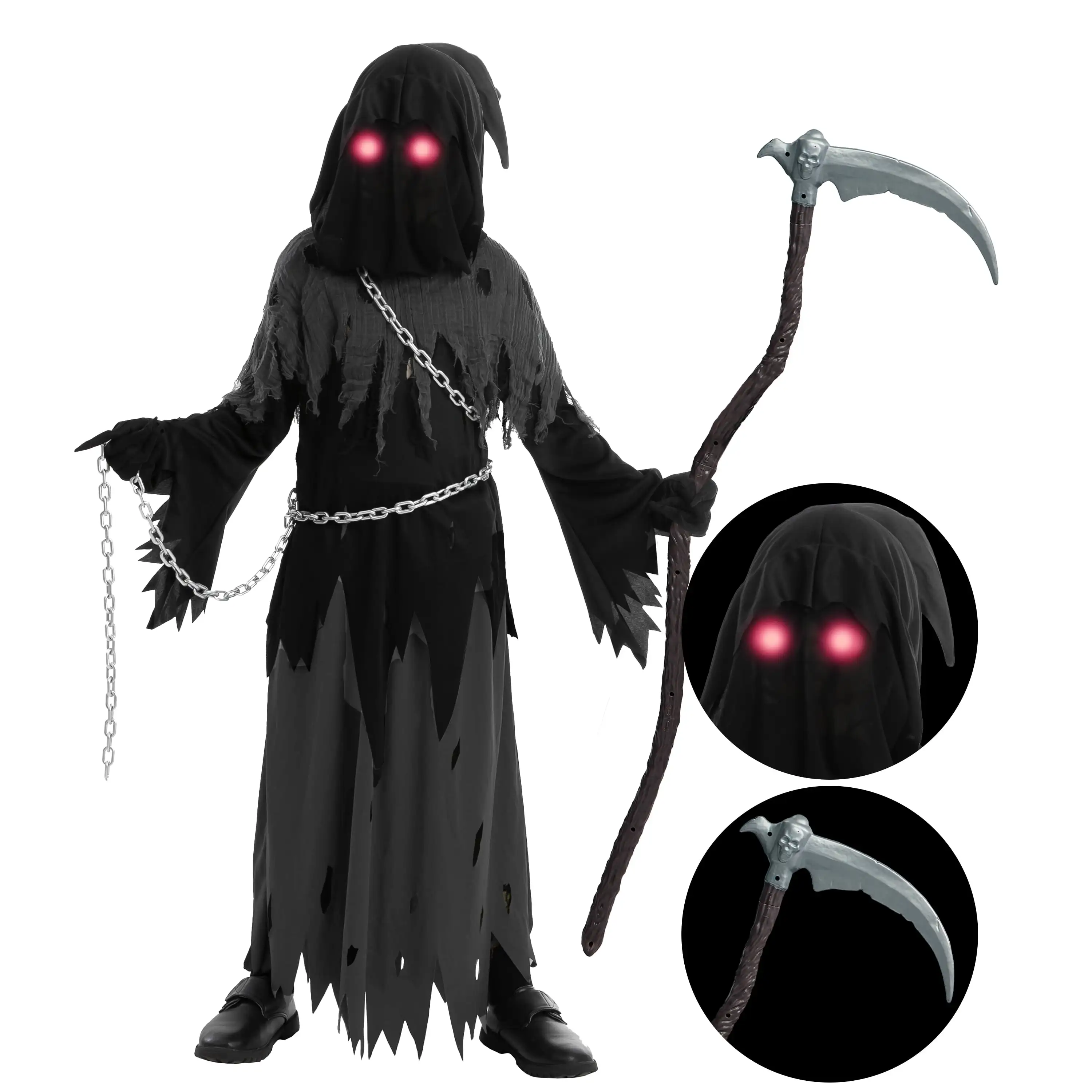 زي Joyfy Child ذو عيون متوهجة Grim Reaper، زي فانتوم للأطفال في الهالوين فستان فاخر من 5 إلى 12 سنة