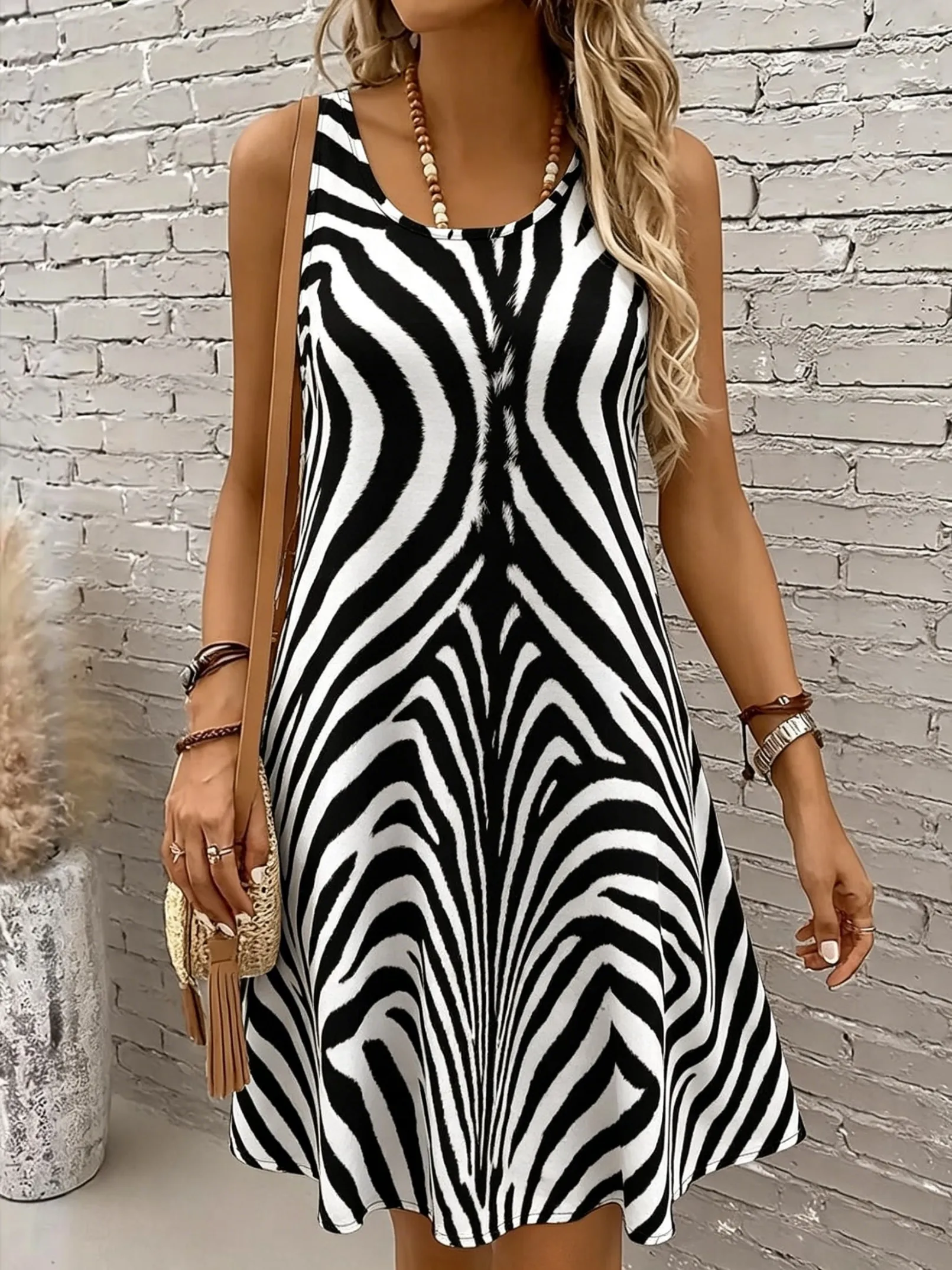 Ärmelloses Damen-Minikleid mit Rundhalsausschnitt und Zebra-Print, lässiges A-Linien-Kleid, stilvolle Tank-Kleider für Frühling und Sommer
