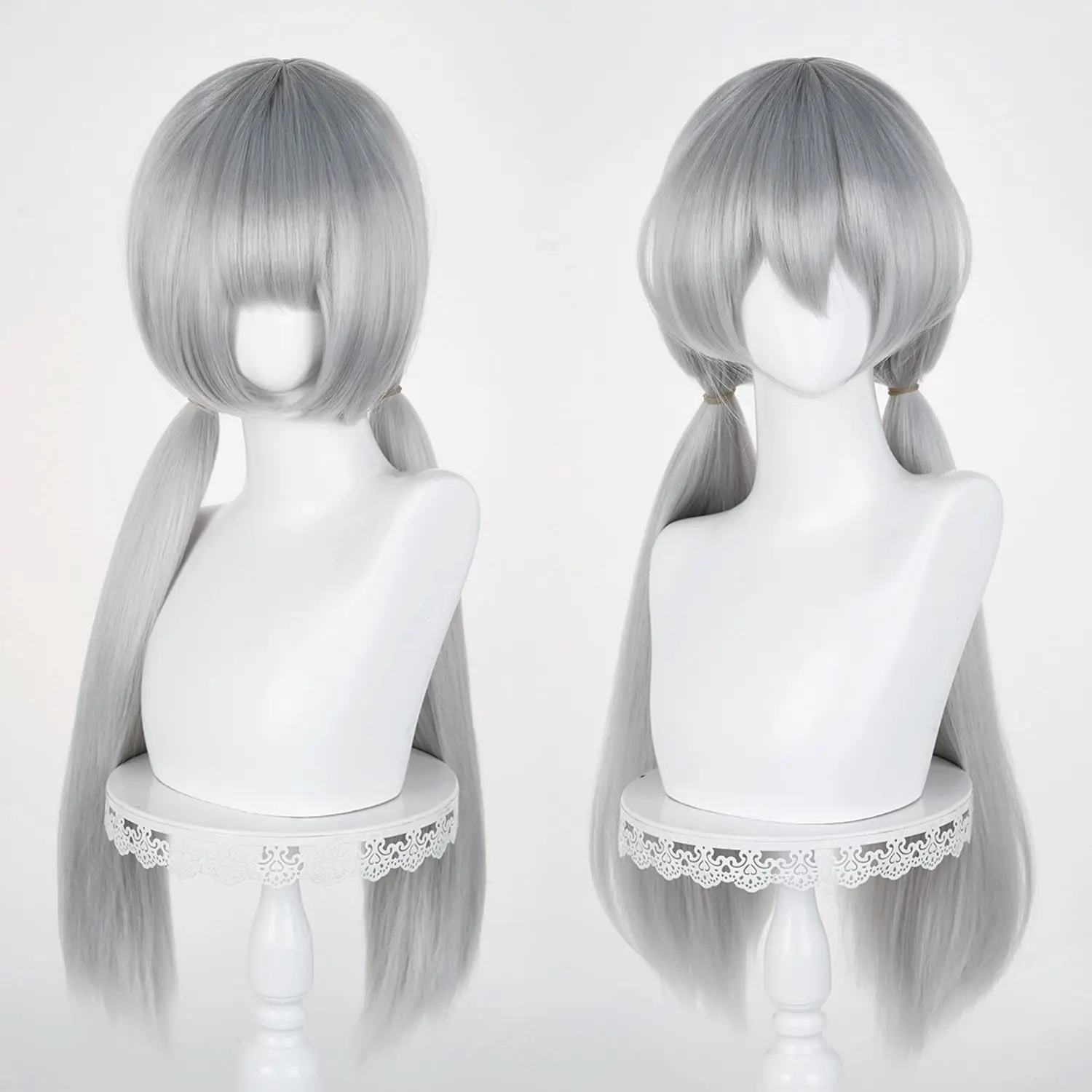 Aicos Long Gray Ponytail Wig for Women Silver Grey Cosplay Wig with Two Ponytail Wig for Halloween Costume Party