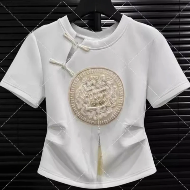 

Cotton Chinese Style Women's T-shirt Summer Embroidery Tees Short Sleeve Loose Women Tops Vintage O-necks Clothing 2024 Korean