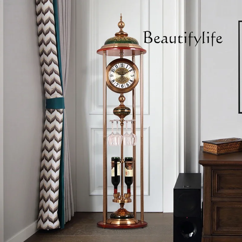 J Wine Trough Floor Clock Metal Solid Wood Living Room Standing European Large Clock Ornament Silent Quartz Clock
