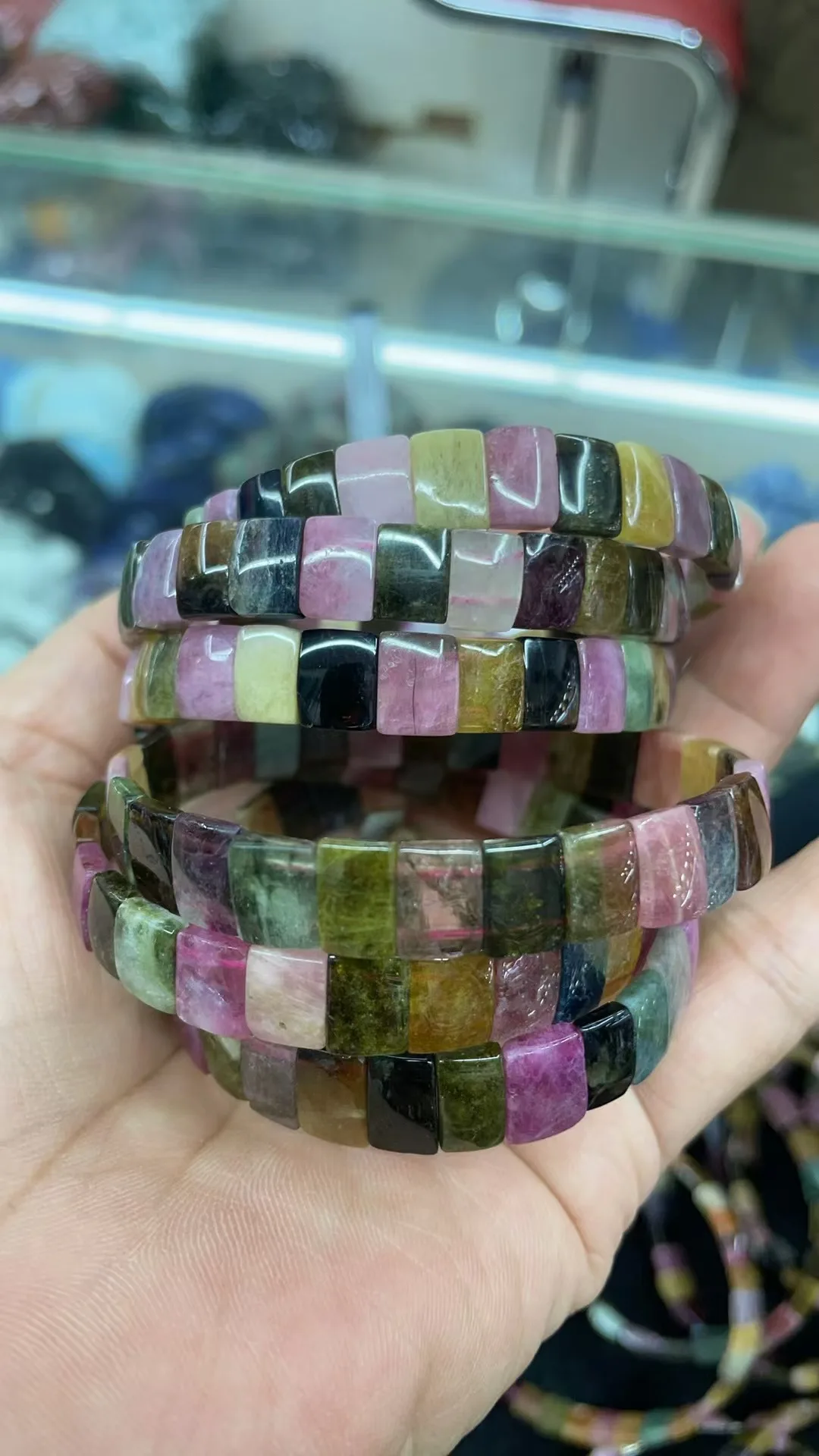 10X12MM Colorful Natural Colorful tourmaline Crystal Square Elastic Bracelet for Men and Women Charm Jewelry