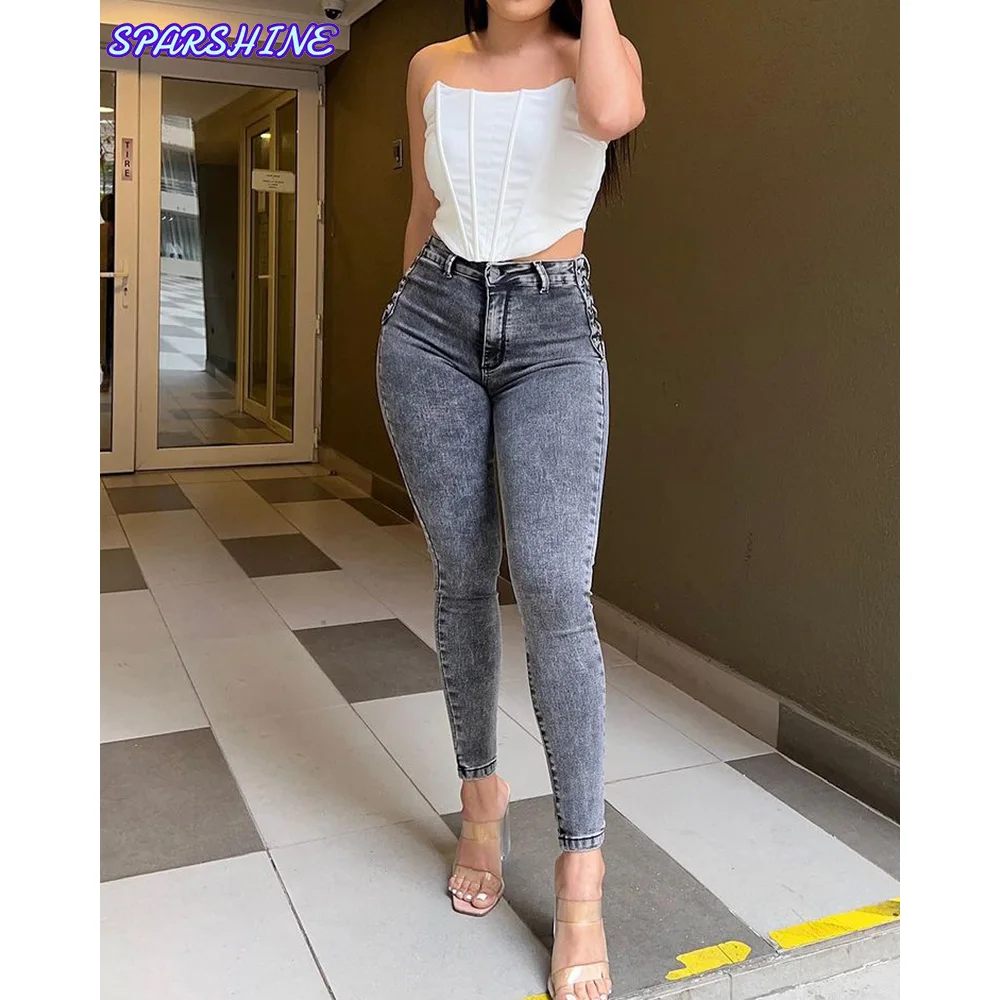 New Design High Waisted Skinny Braided Jeans Stretch Skinny Jeans Fitted, Shapely, Fashionable Denim Pants women's jeans