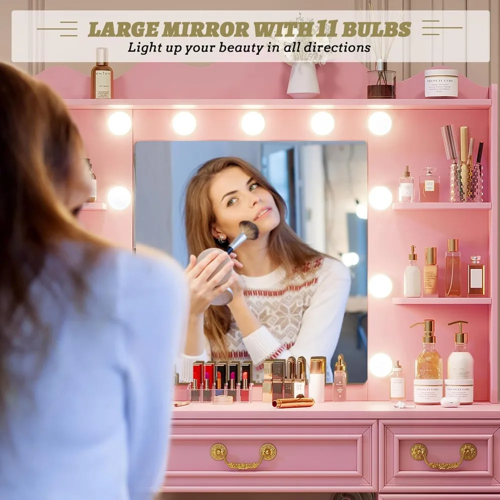 مكتب زينة مكياج كبير بإضاءة LED مع قاعدة شحن و6 أدراج، 43.3 طاولة تزيين للمكياج للتنظيم #2
