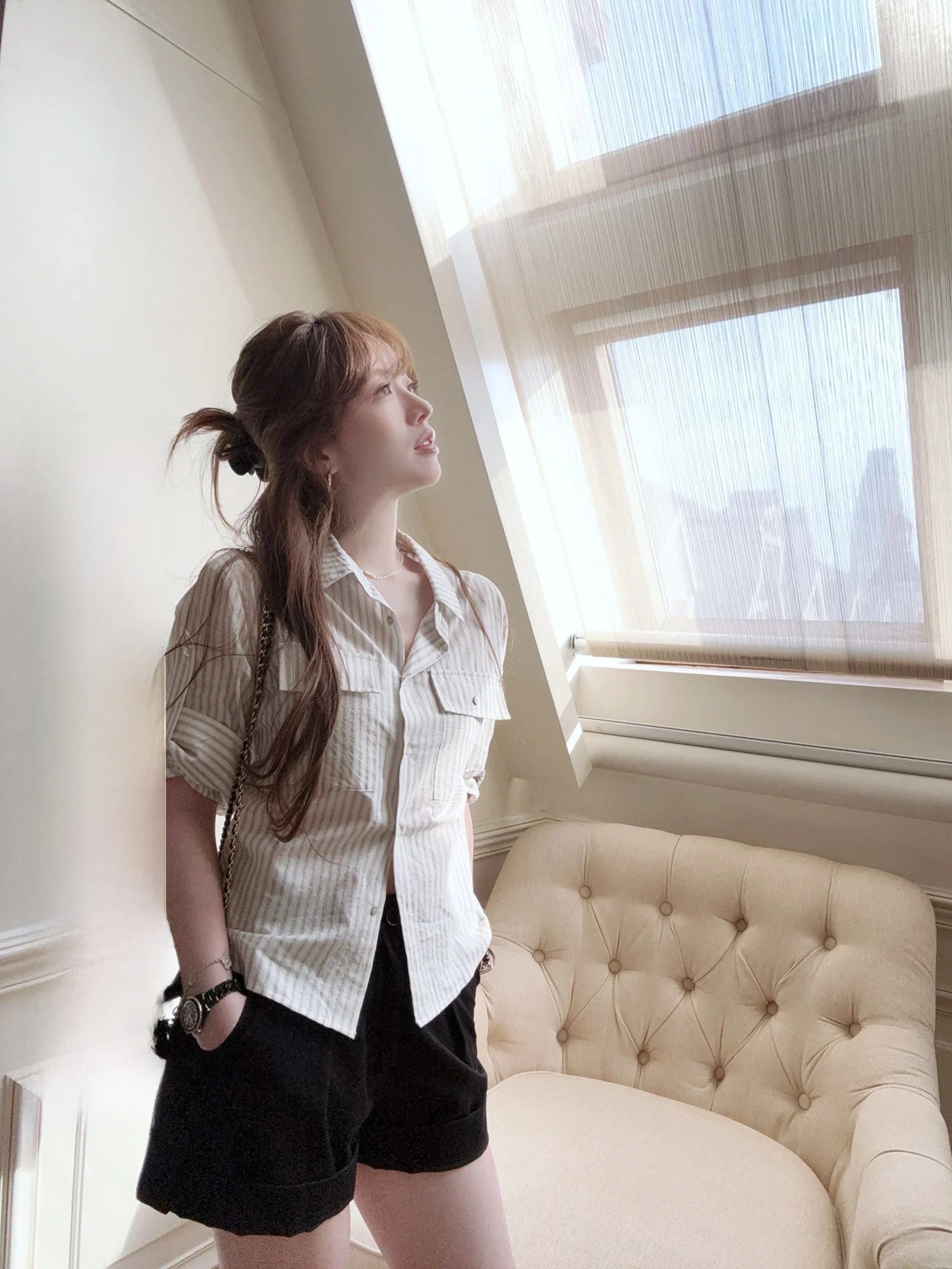 

Женская хлопковая рубашка Ox Cotton в полоску, шелковая, с коротким рукавом, дышащая, комфортная, в корейском стиле, для повседневной носки, свободного кроя, на пуговицах