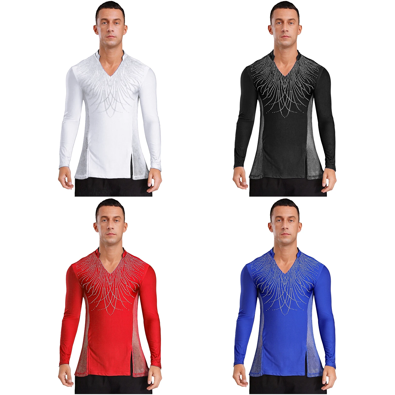 Heren Latin Ballet Dans Top V-hals Lange Mouw Zijkant Mesh Patchwork met Split T-shirt Top Danskleding voor Chacha Tango Ballroom