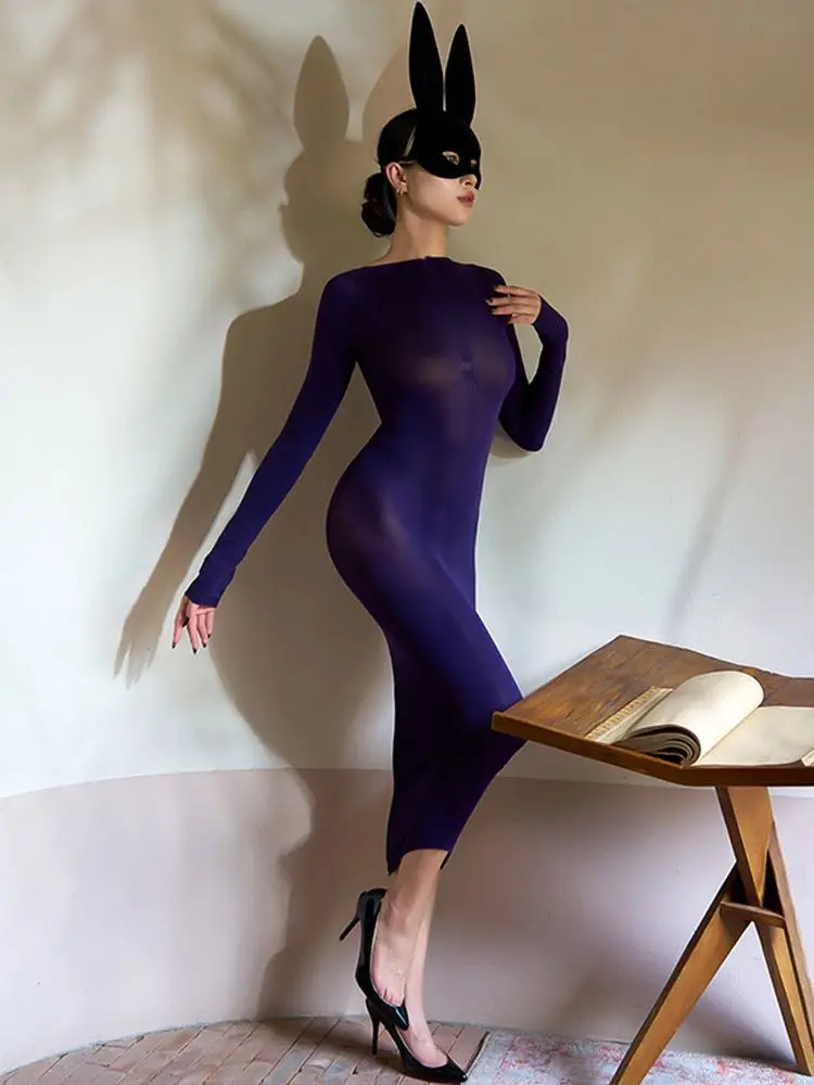 120D مات النايلون بوديستوكينج كم طويل ميدي فستان ضيق حزمة الورك Bodycon فساتين الساخن مثير شفافة فيستدو الجسم الملابس الداخلية