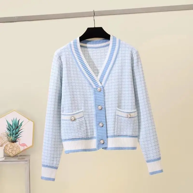 Autumn Winter Plaid Knitted Pink Cardigan Small Fragrance Sweater Women V-neck Long Sleeve Pockets Button Korean Fashion Jackets