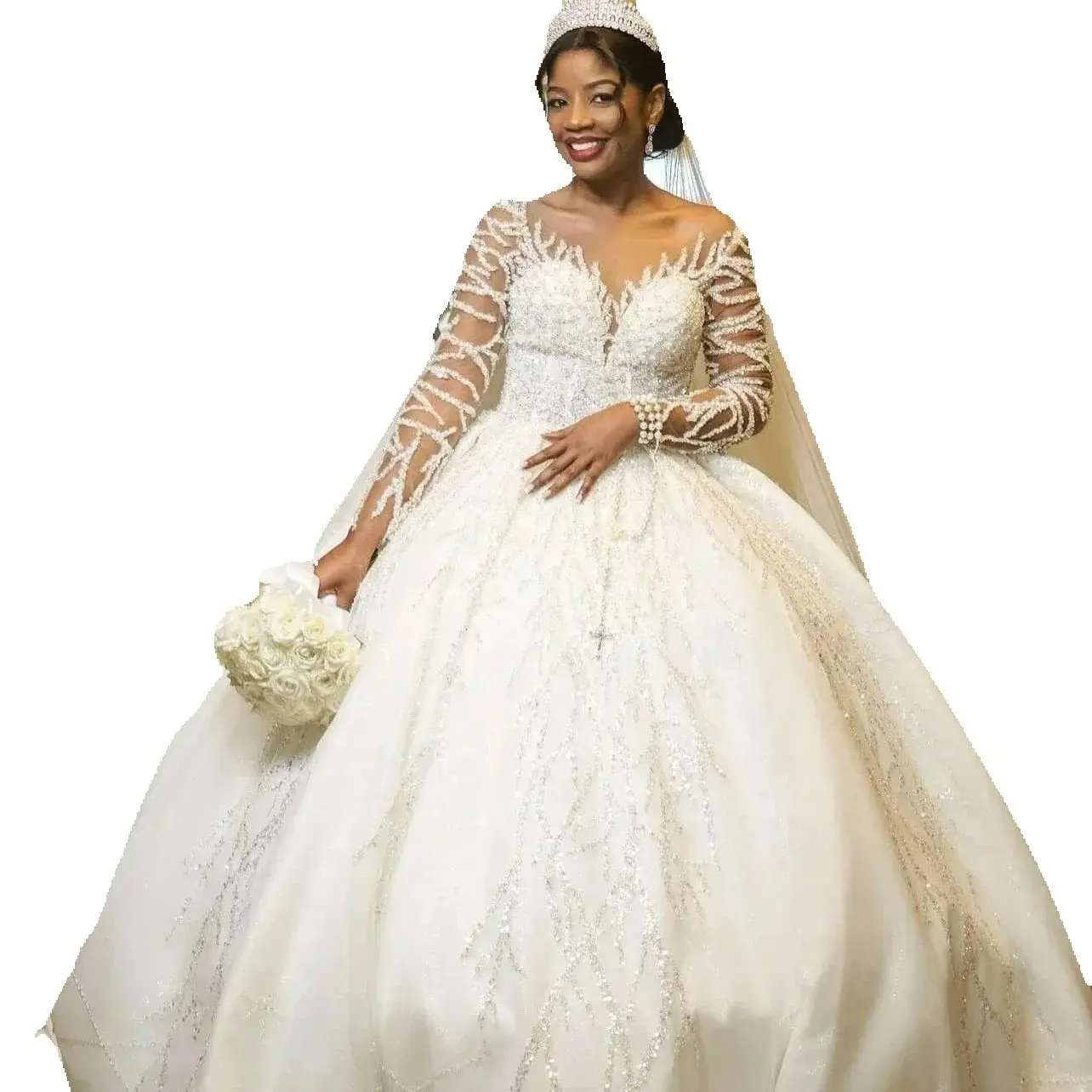 

Customized Scoop Neck Shinny Beads Sequins Ballgown Wedding Dress Vestido De Casamento Plus Size Puffy Long Sleeves Bridal Gown