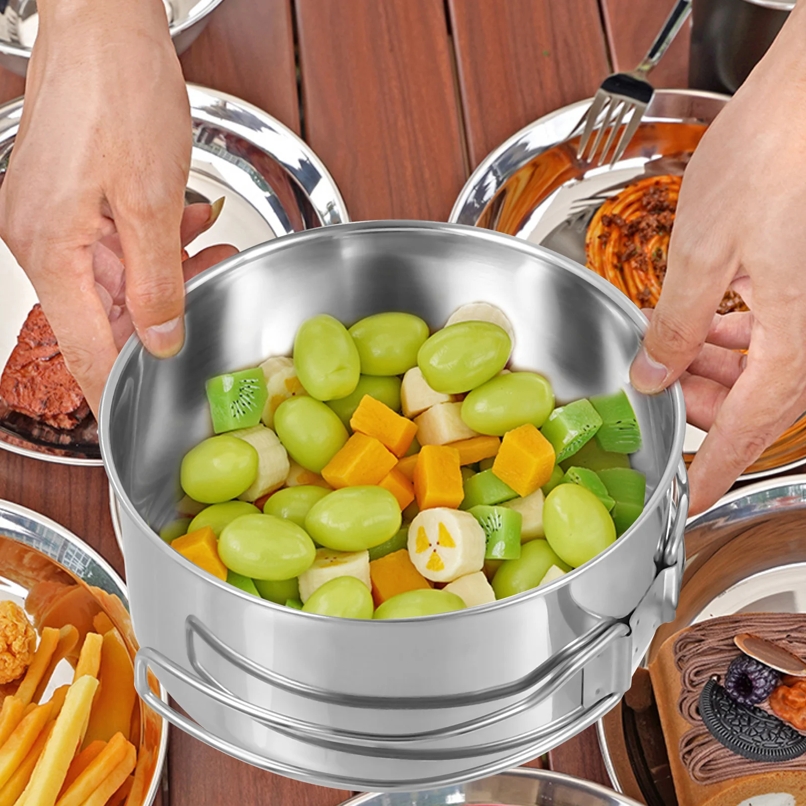 

4Pcs Multifunctional Stainless Steel Camping Pot Pan Set Nonstick Cookware For Hiking