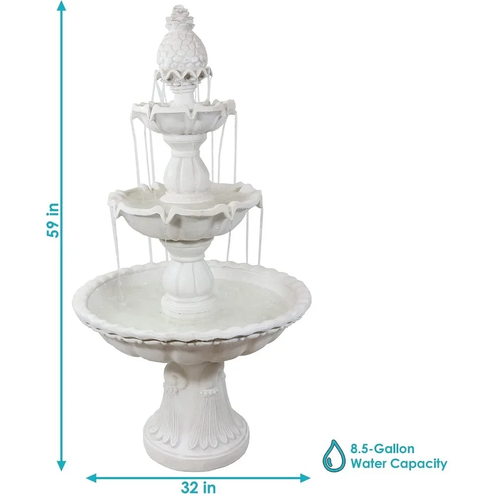 3-Tier Outdoor Water Fountain - Patio Water Feature with Pineapple Topper for The Yard or Garden  - White