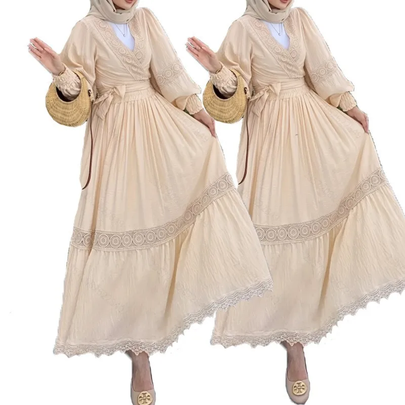 

Muslim 2025 New Fashion Middle East Women's Solid Color Elegant Casual Trendy V-neck Long Sleeve Spliced Dresses Female Clothes