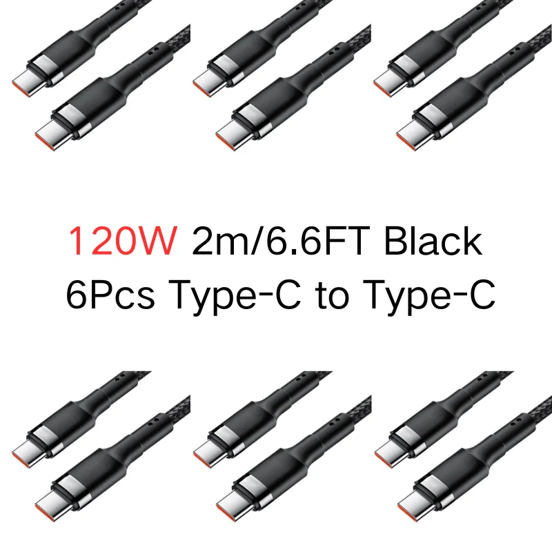 [6 عبوات، 2 م/6.6FT] كابل من النوع C إلى النوع C، شحن سريع 120 وات، سلك متين من النايلون المضفر لجهاز iPad Pro، Samsung S25، S24 S23 S22