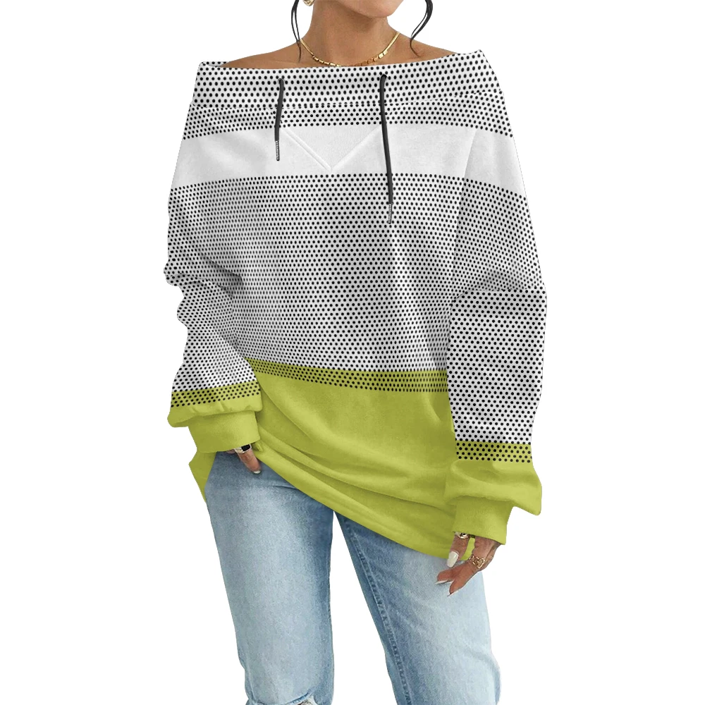 Women Off-Shoulder Geometric Stripe Printed Sweatshirt with Artistic Abstract Color Block Unique Artistic Korean Streetwear Top