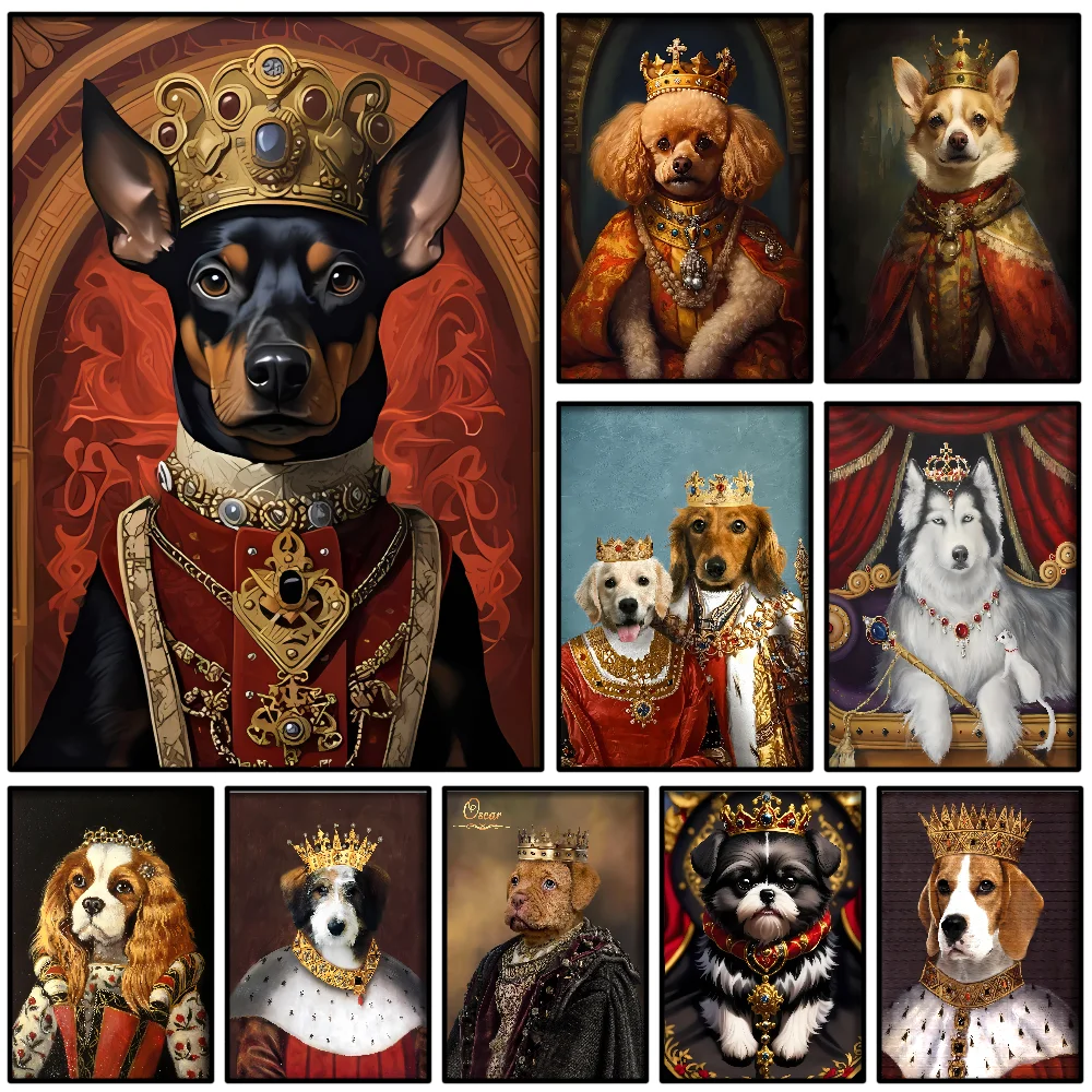 Dog King Royal Animal Poster Self-adhesive Art Waterproof Paper Sticker Coffee House Bar Room Wall Decor