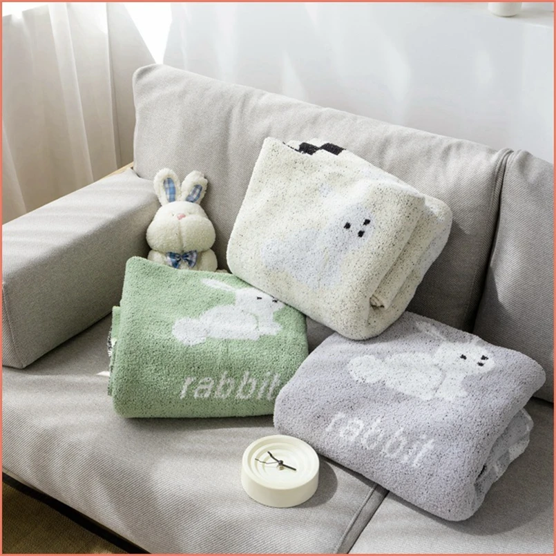 Modern Simple Half-side Fleece Multifunctional Knitted Blanket Cute Cartoon Rabbit Jacquard Blanket Warm Office Nap Blanket