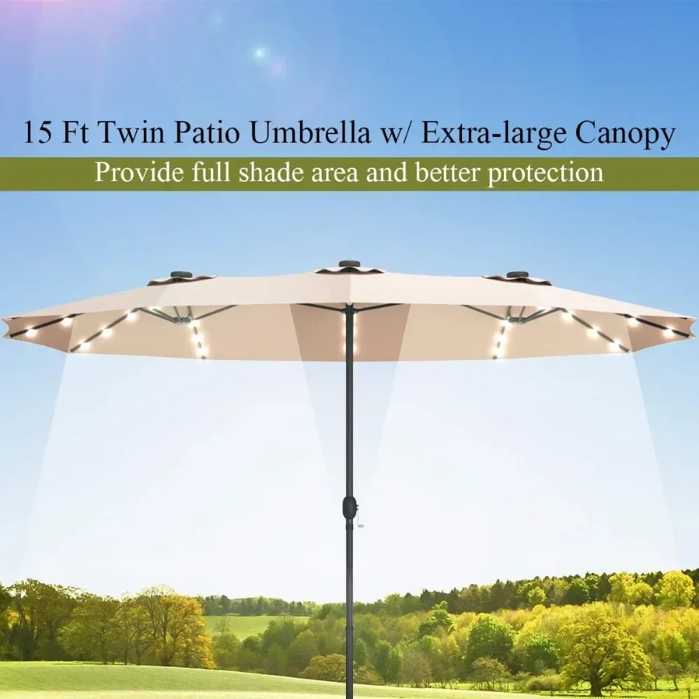 5 Ft Solar LED Patio Double-Sided Umbrella with Base, Outdoor Twin Umbrella, Extra Large Umbrella w/ 36 Solar Powered LED Lights