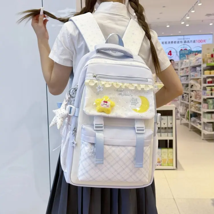 Mint Green Large Capacity Backpack for Girls College Style Dual Shoulder Bag Transparent Bookbag Trendy School Bag with Multi...
