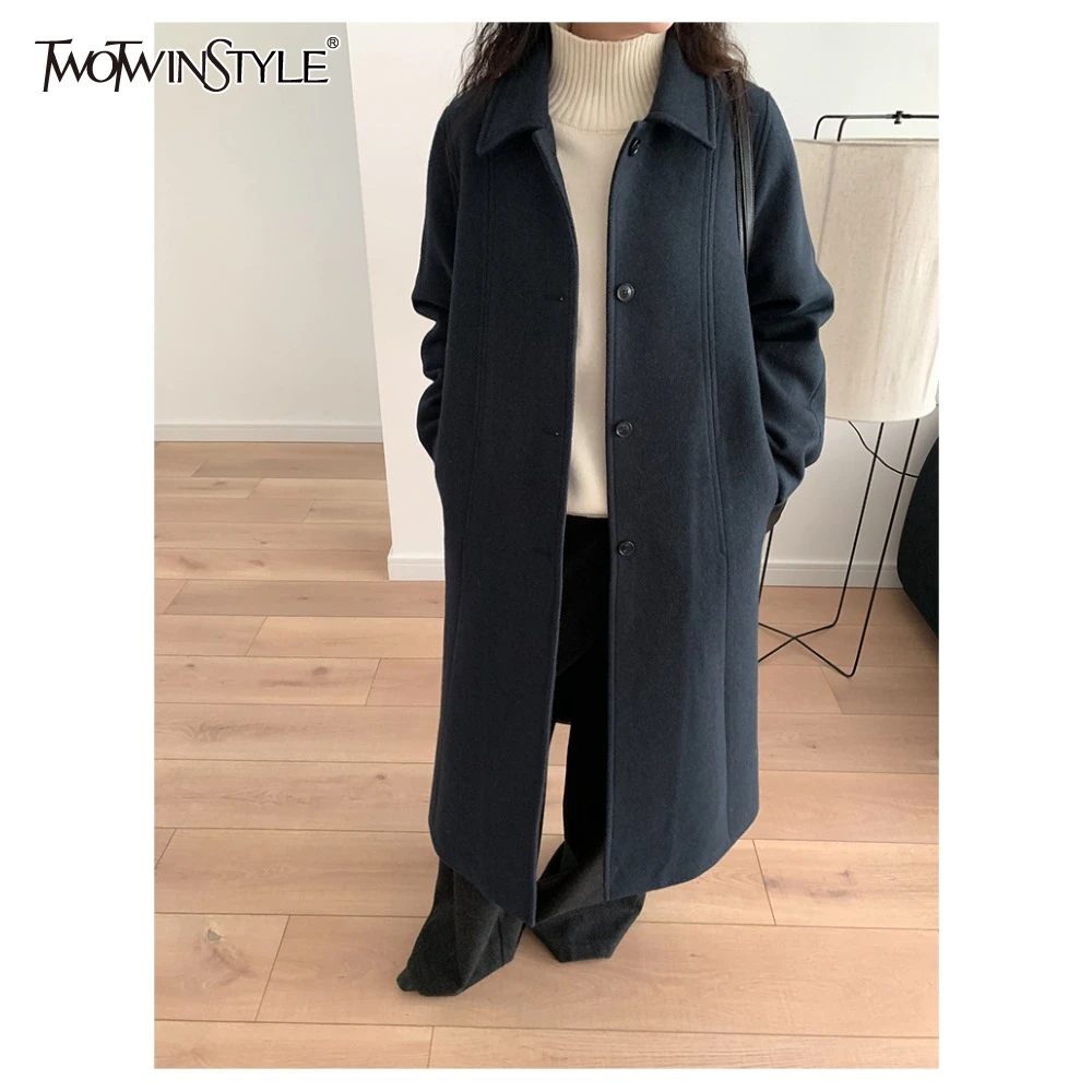

TWOTWINSTYLE Solid Loose Casual Elegant Wool for Women Lapel Long Sleeve Temperament Long Coat Female Fashion Style