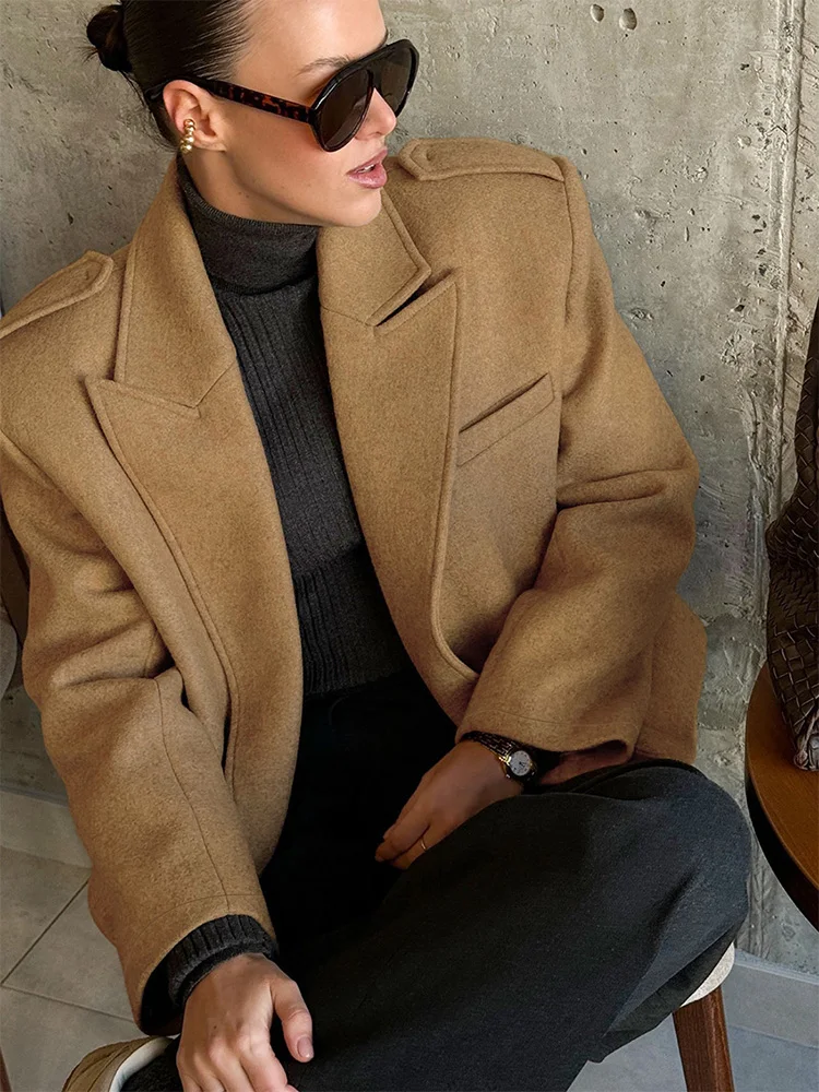 Trendix Large Lapel Cardigan Jacket Autumn Street Padded Shoulders Blazer For Women Winter Elegant Outerwear Commuting Coat 2025