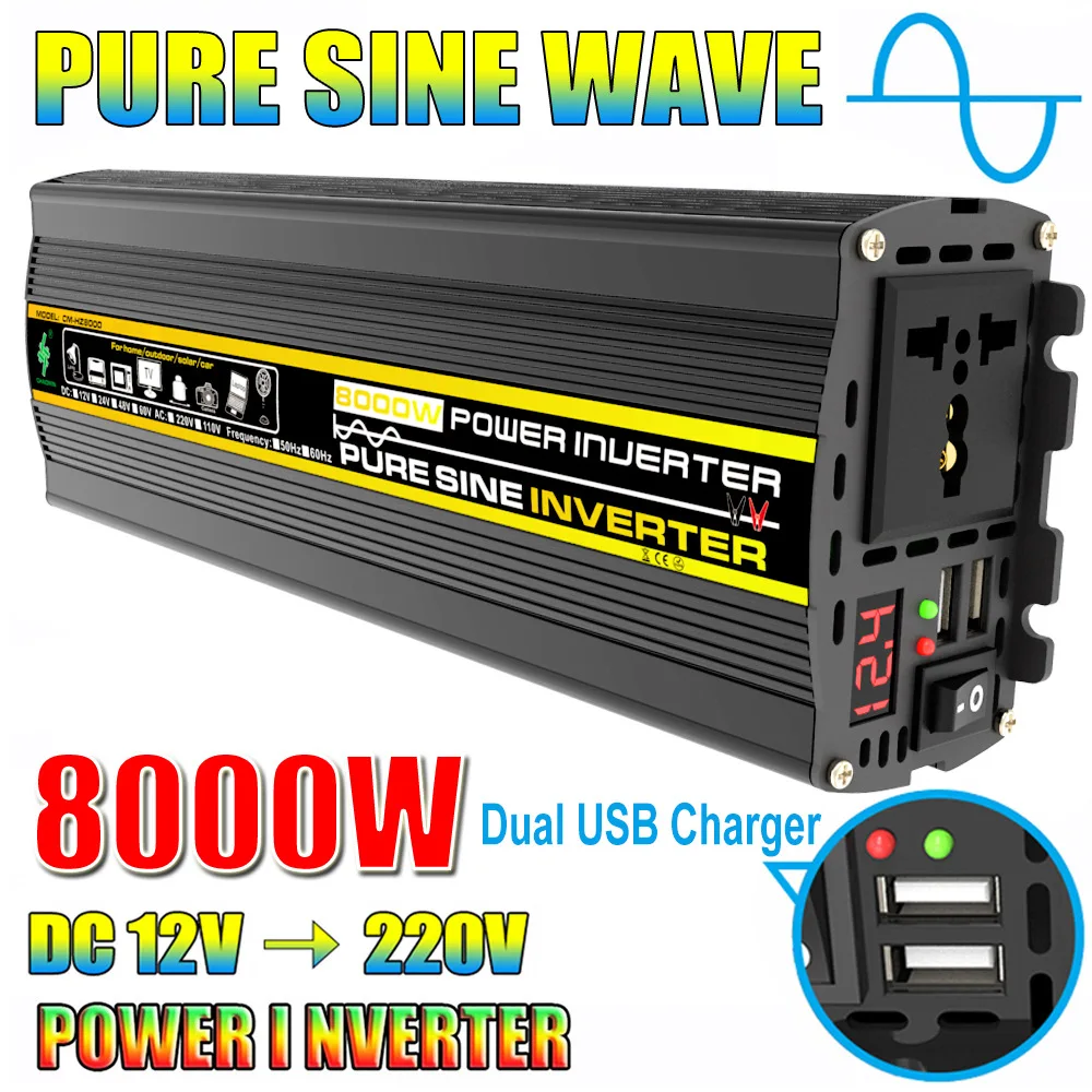3000W-8000W Pure Sine Wave Inverter Portable Power Voltage Converter DC 12V to AC 220V for Car Home Outdoor Solar Use