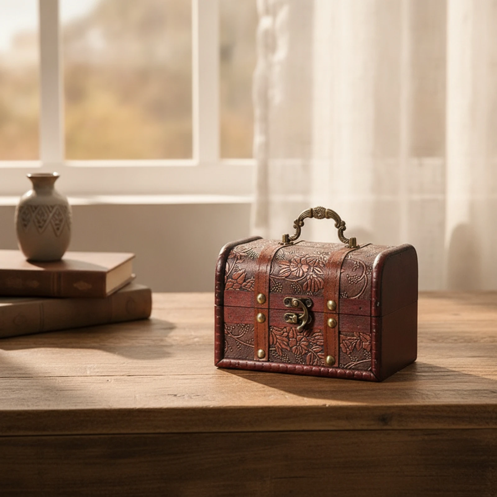 Wooden Chest with Curved Lid Lockable Wooden Storage Chest with Handle Jewelry Organizer with Lock Rustic Retro for Desks