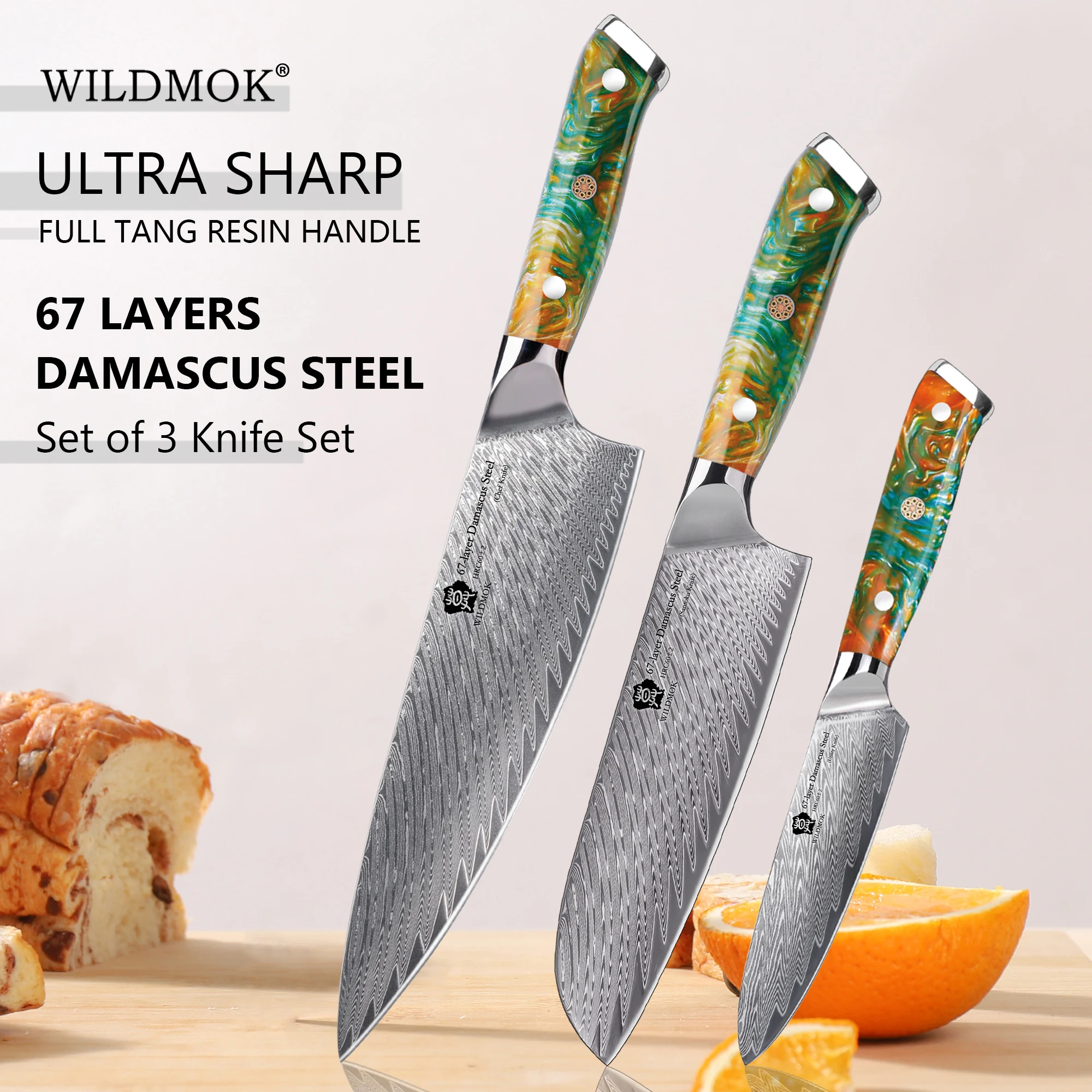 WILDMOK Damascus Kitchen Knives 3 PCS , Premium 67-Layer VG10 Core Steel, Smooth Sturdy Resin Handle Kitchen Cooking Cutlery