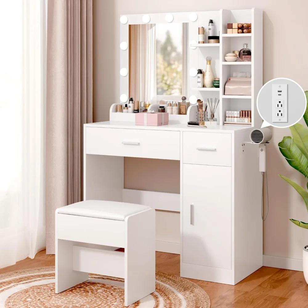

Vanity Desk with Mirror and Lights， Makeup Vanity Desk with Lights 3 Colors，Dressing Table with 10 Bulbs Light, Power Outlet