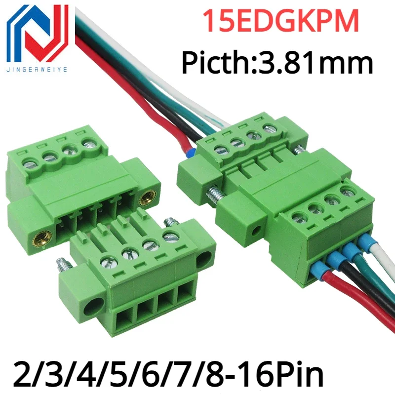 2Sets 15EDGKPM 3.81mm 2/3/4/5/6/7/8/16Pin Right Angle Screw Terminal Block Connector 15EDG 3.81MM Pitch Plug + Pin Header Socket