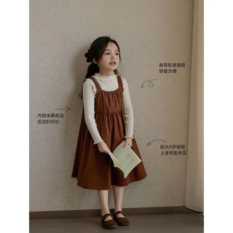 Girls Dress Set 2023 Spring Autumn New Fashionable Floral Shirt and Retro Strap Dress Princess Sweet Casual Two Piece Set