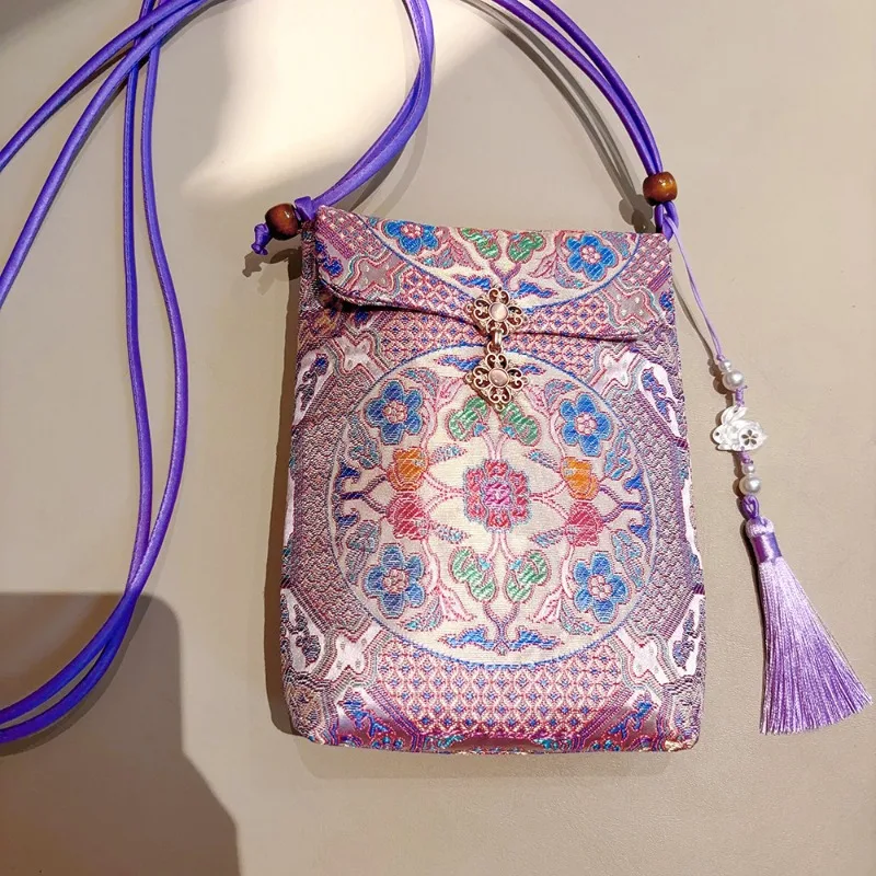 

New Handmade New Chinese Style Brocade Satin Crossbody Embroidery Cell Phone Bag Coin Purse Retro Crossbody Bag