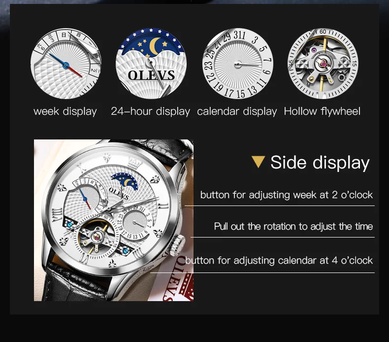 OLEVS 6652 Flywheel Skeleton Automatic Watch for Men Leather Strap Multifunctional Waterproof Luminous Moon Phase Men\'s Watches