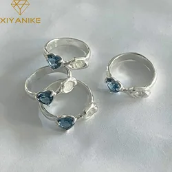 XIYANIKE Sweet Cool Blue Zircon Heart Open Cuff Finger Rings For Women Girl Fashion New Jewelry Lady Gift Party кольцо женское