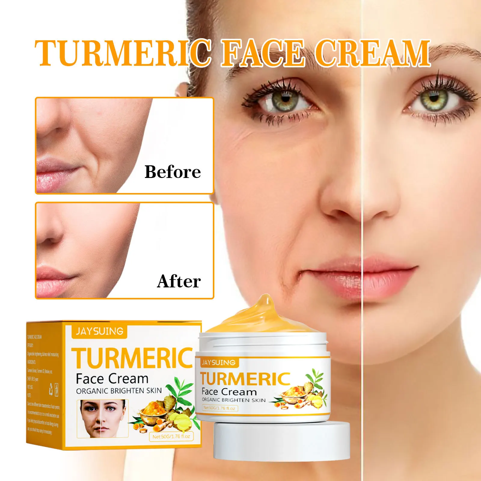 

Jaysuing Turmeric Firming Beauty Cream, Fading Wrinkles Lifting Firming Facial Brightening Skin Tone Anti-aging Whitening 50g