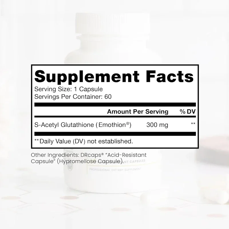 S-Acetyl Glutathione Gold - شكل Acetylated حاصل على براءة اختراع من الجلوتاثيون (إيموثيون) ® ) |    لا يحتوي على أملاح حمض الستياريك الضارة
