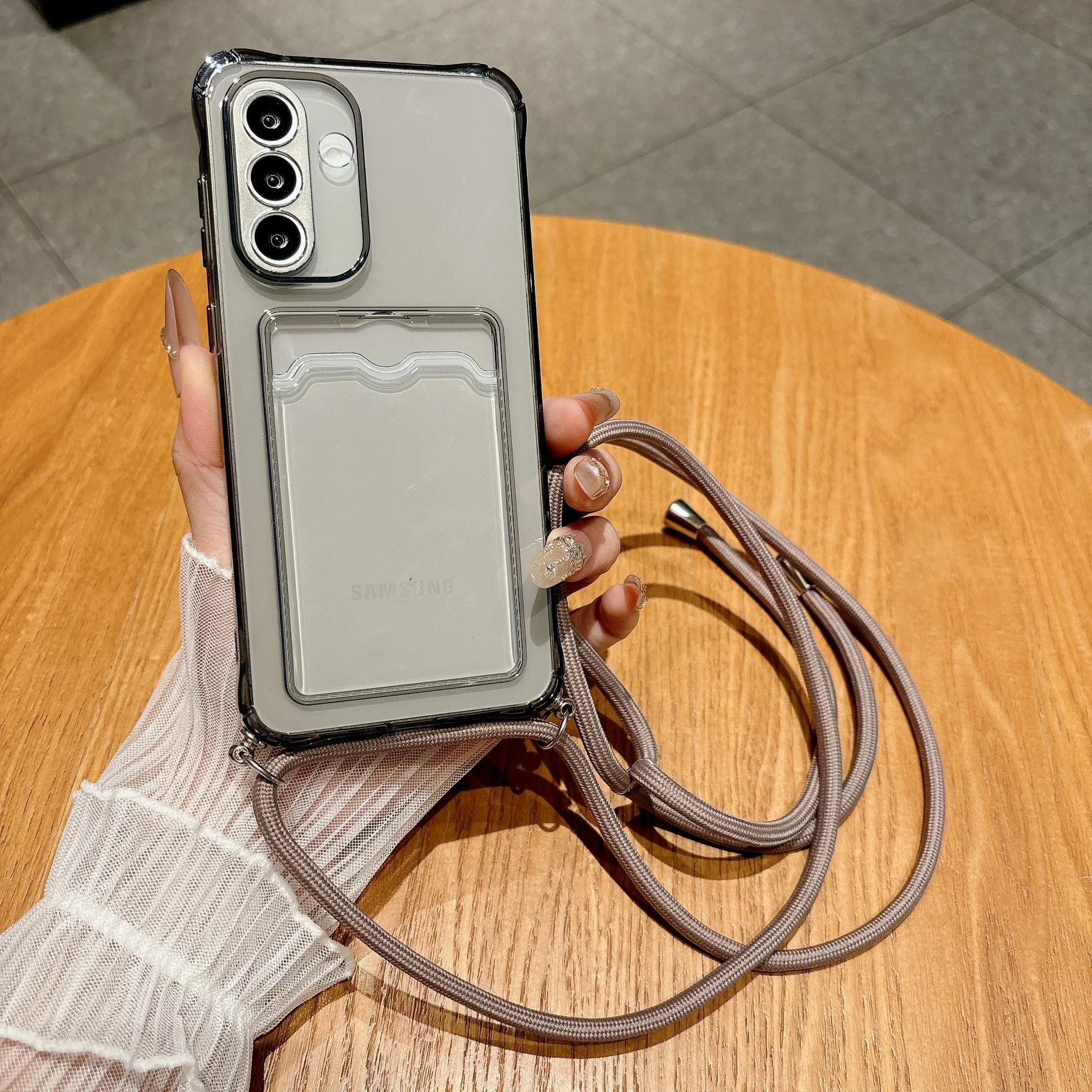 Capa Carteira com Alça Transversal Cinza Claro para Samsung Galaxy A73 A72 A71 A57 A56 A55 A54 A53 A52 A51 A50 S 4G 5G