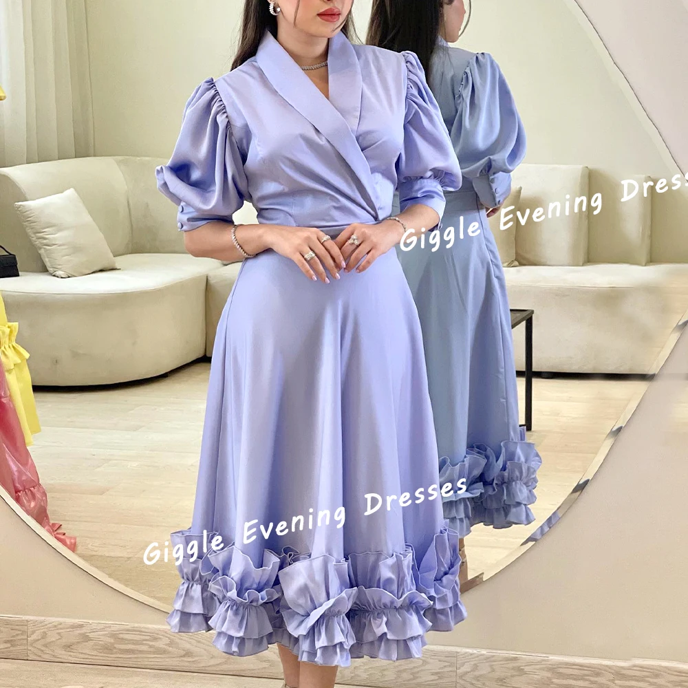 Giggle Satin V-Neck Ruched Prom Elegance Gown Saudi Arab Summer Exquisite Ankle-Length Evening Party Dresses for Women 2024