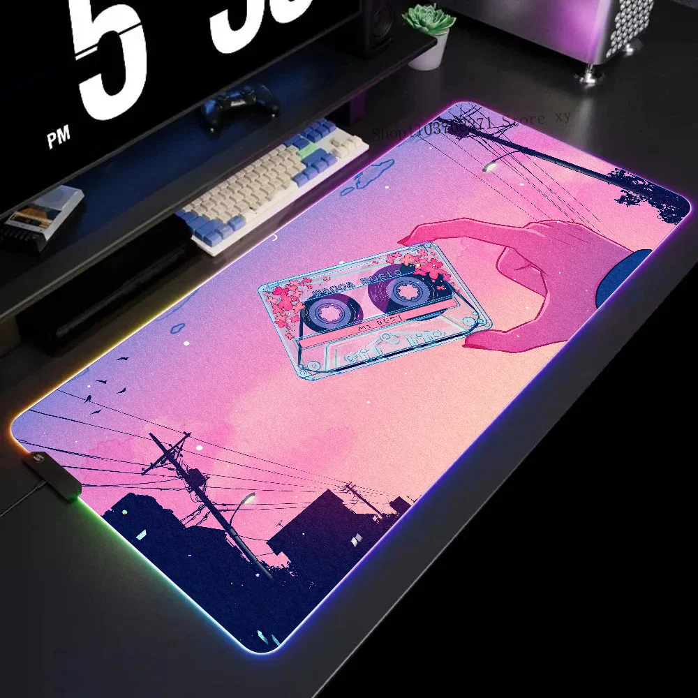 

Digital Art Cassette Vaporwave Mousepad XXL RGB Gaming Mouse Pads HD Black Gamer Accessories Large LED