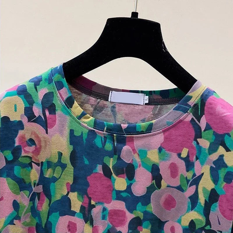 Khaki kwiatowy nadruk artystyczny vintage koszulka z krótkim rękawem z dekoltem w szpic bluzka damska koszula odzież damska topy modne bluzki lato 2025