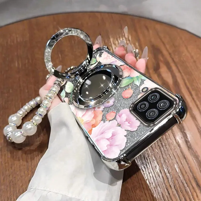 

A 12 Pink butterfly Plating Bracelet Holder Phone Case For Samsung A04 A02S A03S A15 A12S A22 A13 A12 F12 M12 M02 M13 Cover