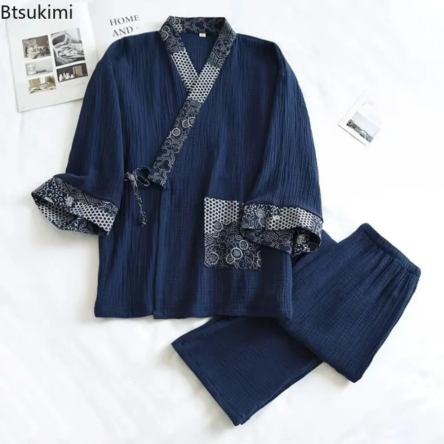 2025 Men's Kimono Home Suits Comfort Lace-up Tops and Trousers Pajamas Sets Cotton Crepe Design Ethnic Style Sleepwear for Men