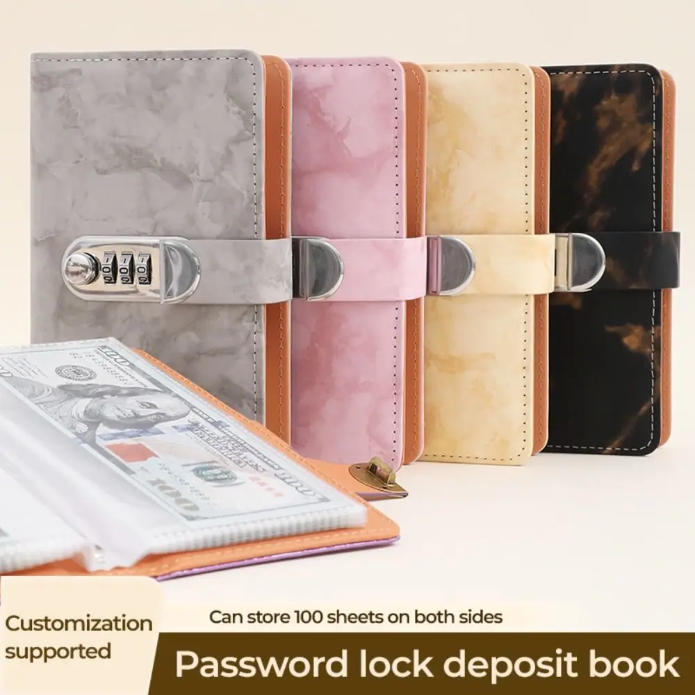 New PU Cash Deposit Book with Password Lock Marble A6 Savings Binder 100 Pockets Cash Saving Book Cash Envelope System